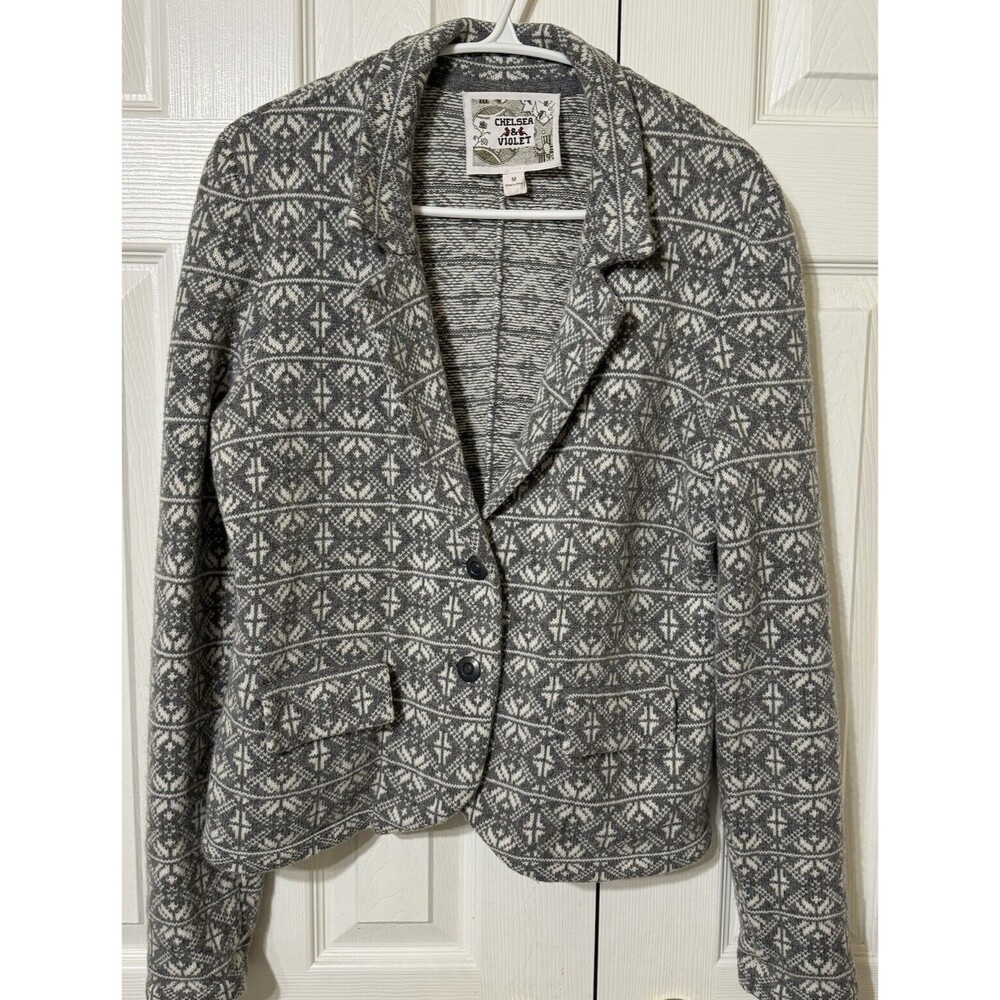 EUC Chelsea‎ & Violet New Womens Grey Print Sweater Jacket Medium Geometric-M